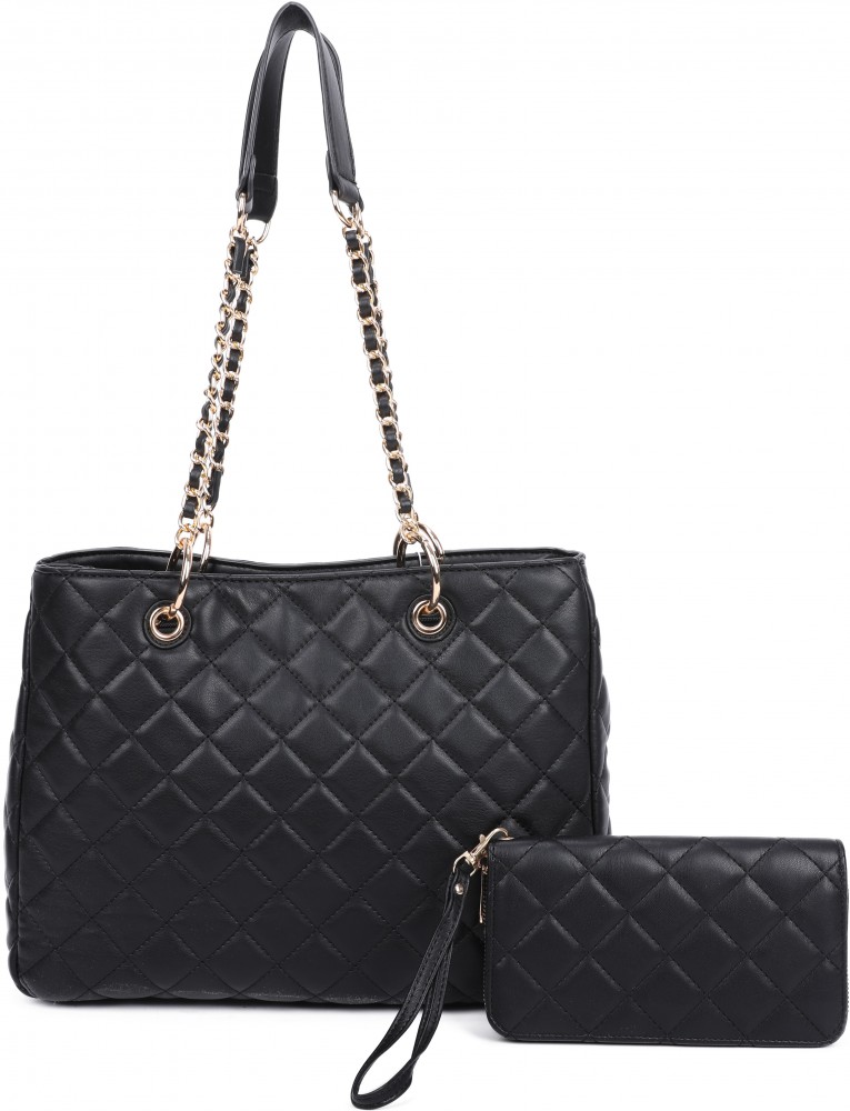 BLACK 2IN1 STYLISH QUILTED LONG HANDLE TOTE BAG WITH MATCHING PO - Click Image to Close