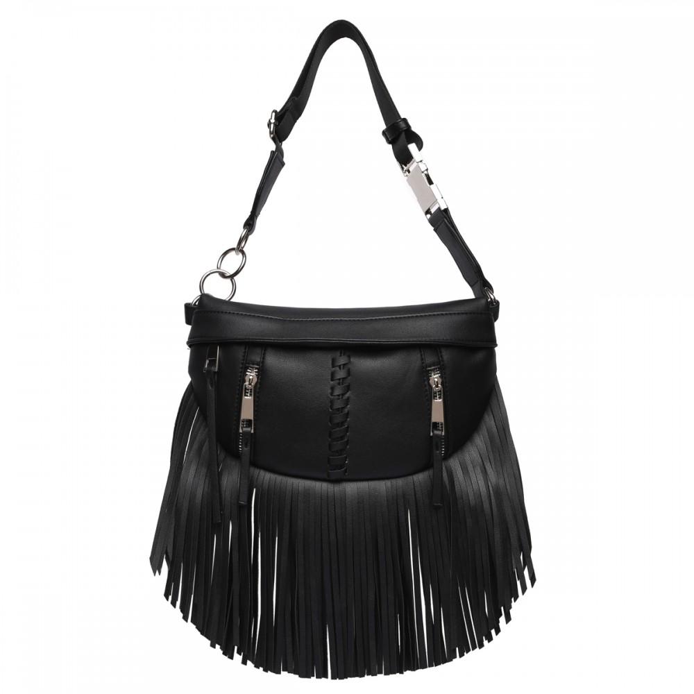 Black Solid Fringe Front Zippered Fanny Pack - BH 567 - Click Image to Close