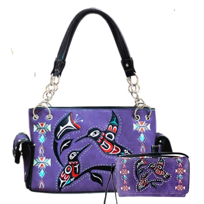 Purple Hummingbird Embroidery Concealed Handbag Set - G939W216