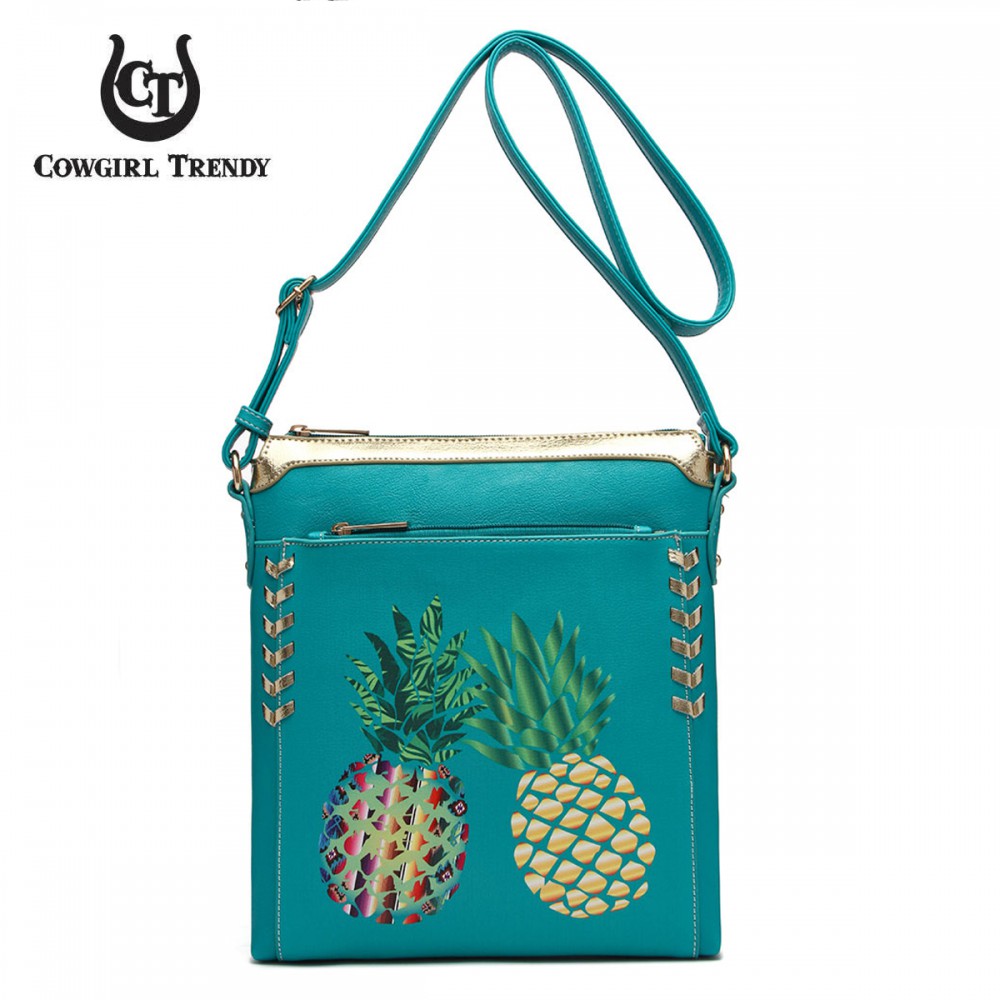 Teal Western Pineapple Printed Messenger Bag - APPF2 5439 - Click Image to Close