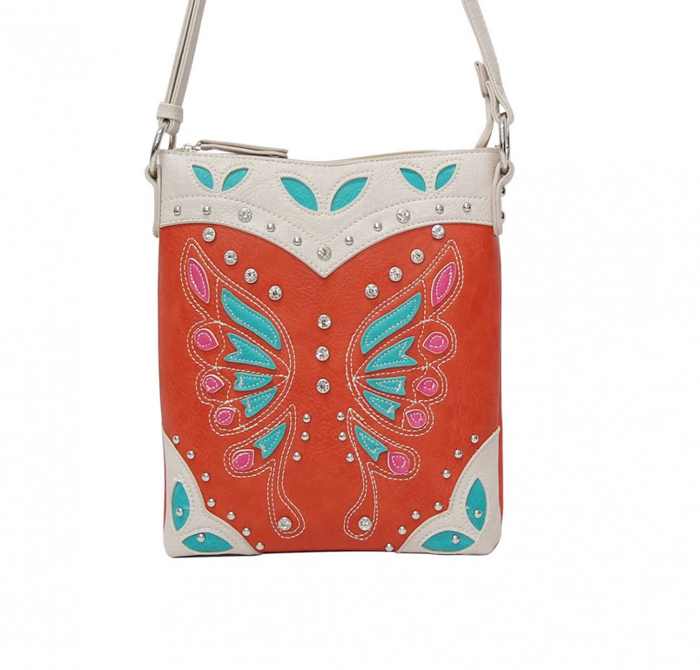 Orange Western Butterfly Rhinestone Messenger Bag - BFU2 469B - Click Image to Close