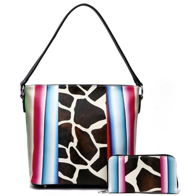 Black 2 IN 1 Giraffe Multi-Striped Tote Handbag Set - SERA 5435G