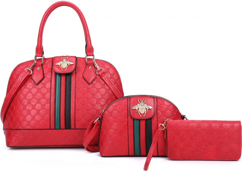 RED 3 IN 1 EMBOSSED BEAR FASHION HANDBAG SET - Click Image to Close