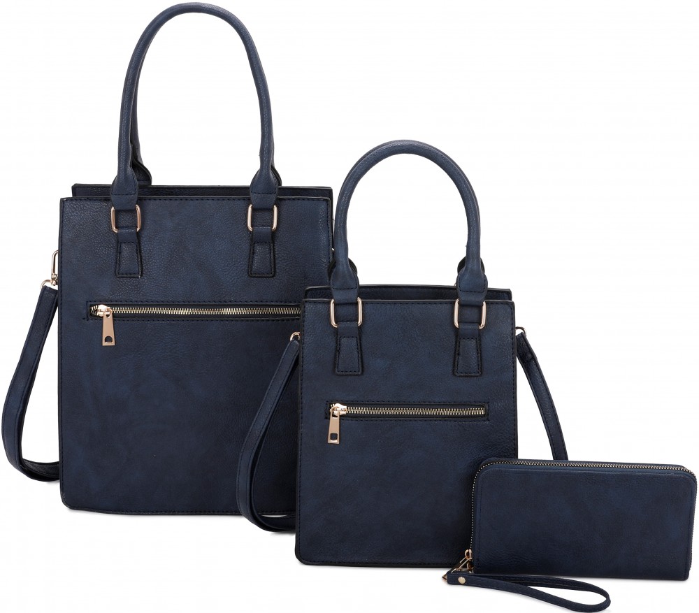 Navy 3 IN1 SMOOTH TEXTURED HANDBAG SET WITH MESSENGER - Click Image to Close