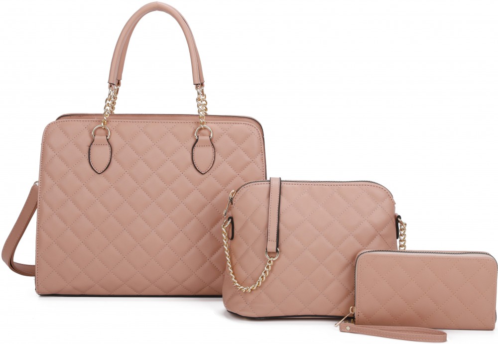 PINK 3 IN 1 FASHION QUITED HANDBAG SET WITH CHAIN HANDLE - Click Image to Close