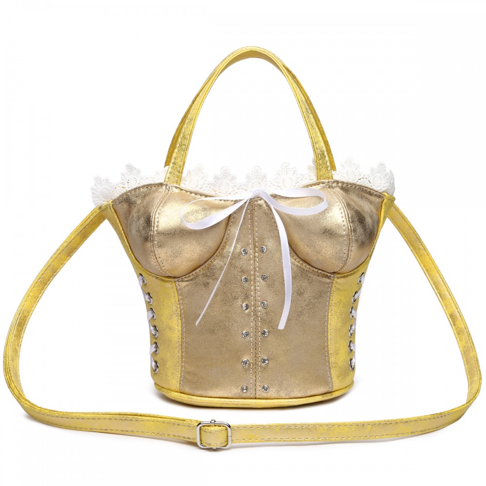 Yellow Corset Accented Double Handle Satchel Handbag - CRST 5765 - Click Image to Close