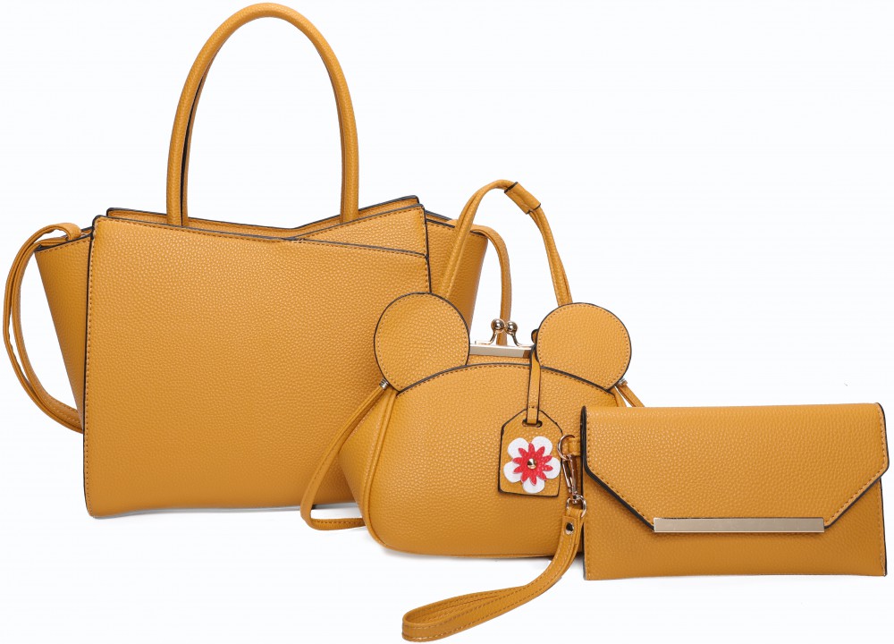 MUSTARD 3IN1 STYLISH PLAIN FLORAL TOTE BAG WITH EARS MINI BAG A - Click Image to Close