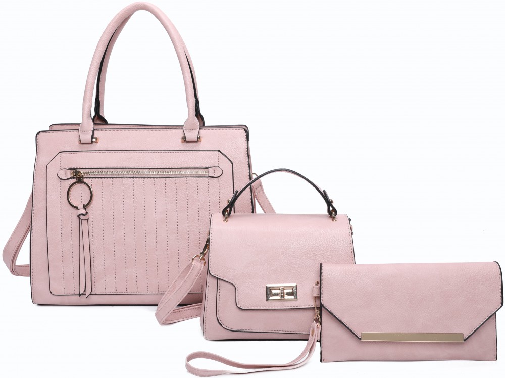 PINK 3IN1 SMOOTH PLAIN SATCHEL BAG WITH BAG AND CLUTCH SET - Click Image to Close