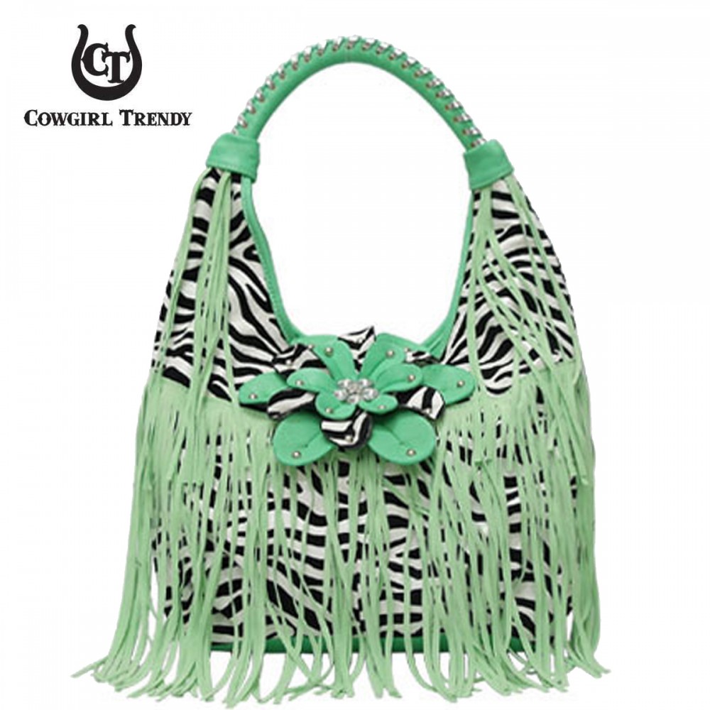 Aqua Green Zebra Printed W/Flower & Fringe Handbag - FZB 5177 - Click Image to Close