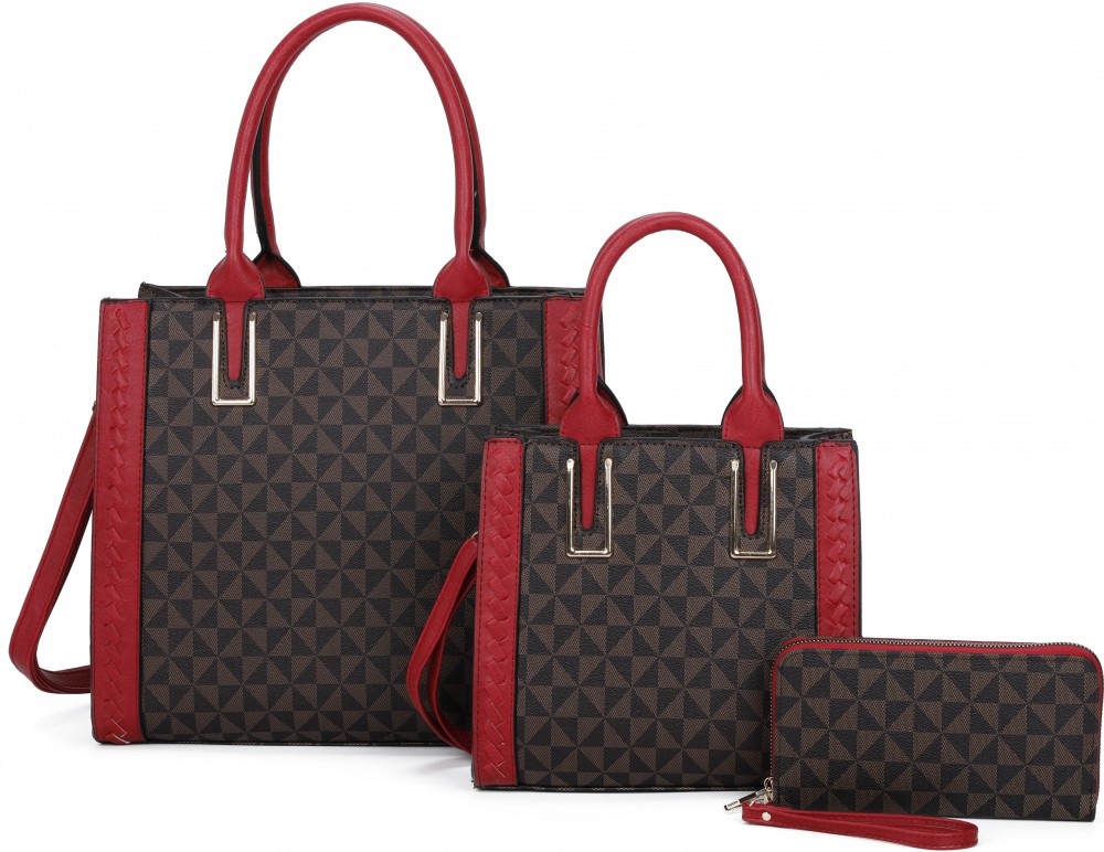 BURGUNDY 3IN1 MONOGRAM SMOOTH TEXTURED SIDES STITCHING TOTE SET - Click Image to Close