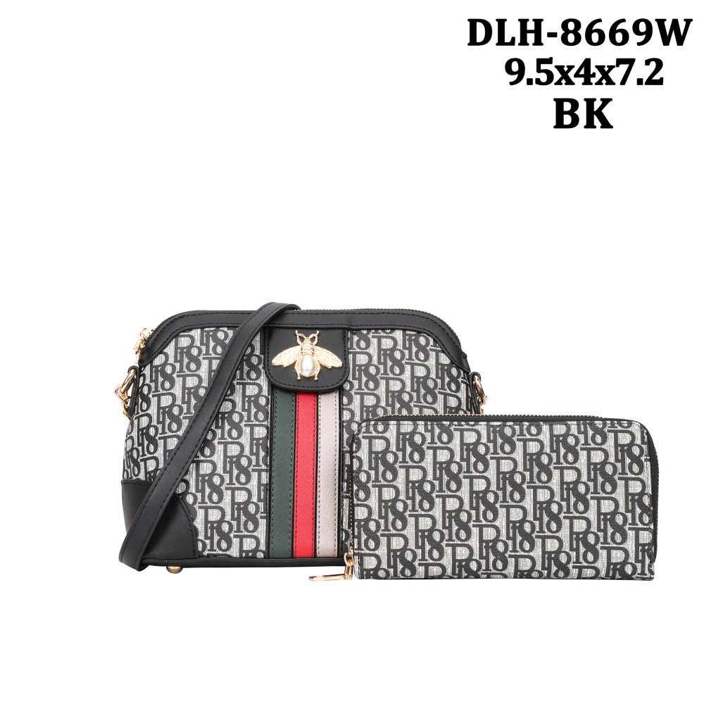 Black 2 IN 1 Signature Inspired Cross body Bag Set - DLH-8669W - Click Image to Close