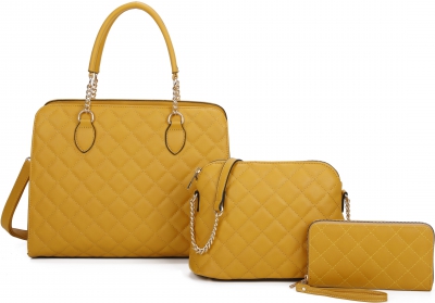 YELLOW 3 IN 1 FASHION QUITED HANDBAG SET WITH CHAIN HANDLE