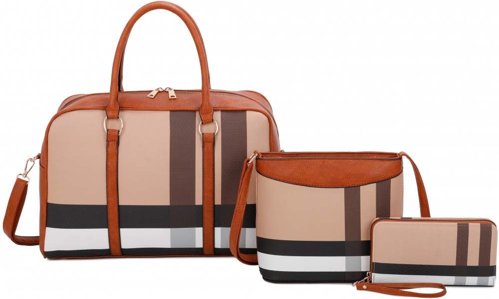 Brown 3 IN 1 3 IN 1 PLAID FASHION HANDBAG SET WITH MESSENGER - Click Image to Close