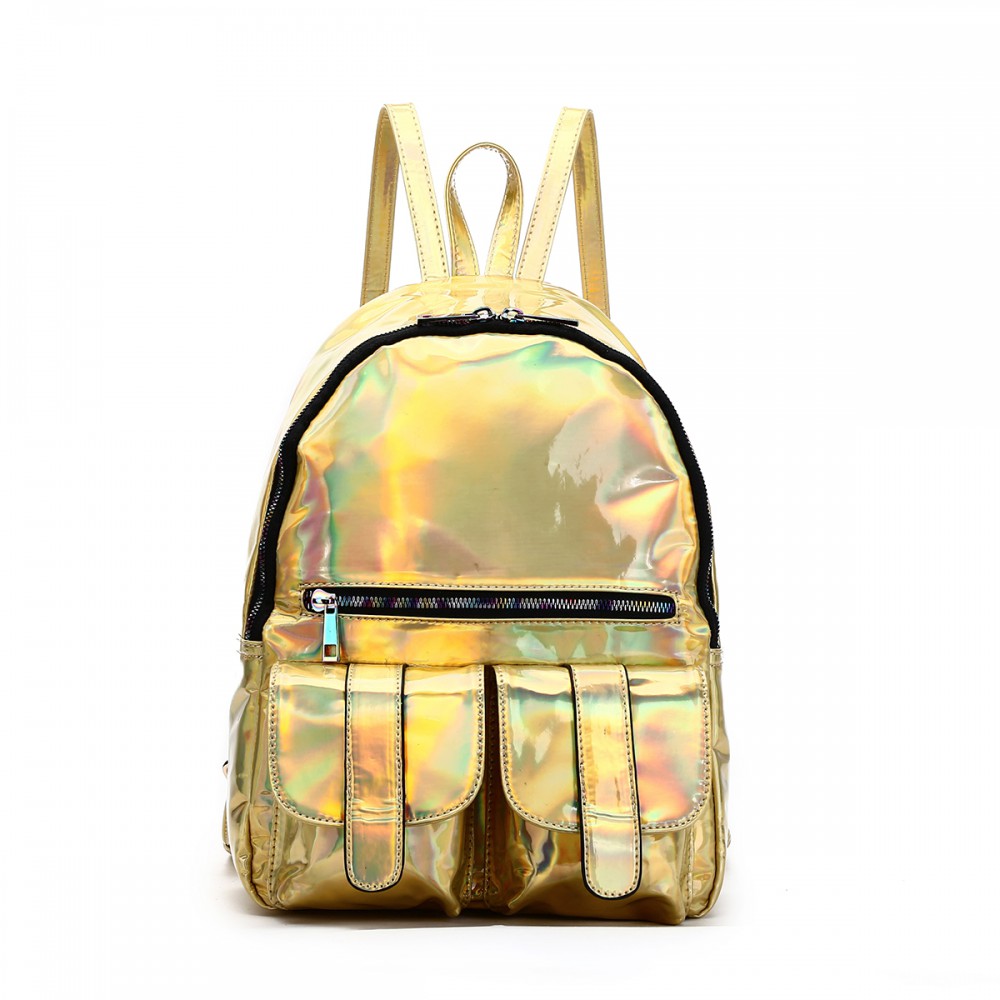 Gold Holographic Dual Pocket Backpack - HAR2 5685 - Click Image to Close