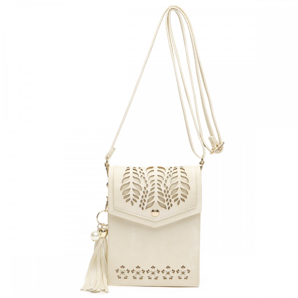 White Cell Phone Laser Cut Modern Crossbody Purse - FCUS 5754 - Click Image to Close