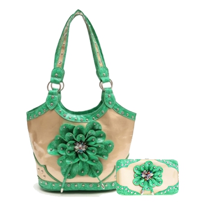 Green Flower Center Handbag & Wallet - TUF 361-4326