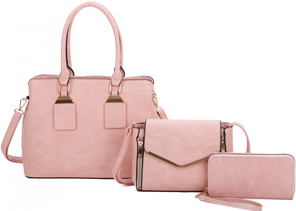 PINK 3 IN 1 PLAIN TOTE BAG WITH MESSENGER AND WALLET SET - Click Image to Close