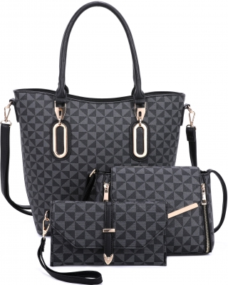 BLACK 3 IN 1 MONOGRAM CHIC TOTE CROSSBODY AND CLUTCH SET
