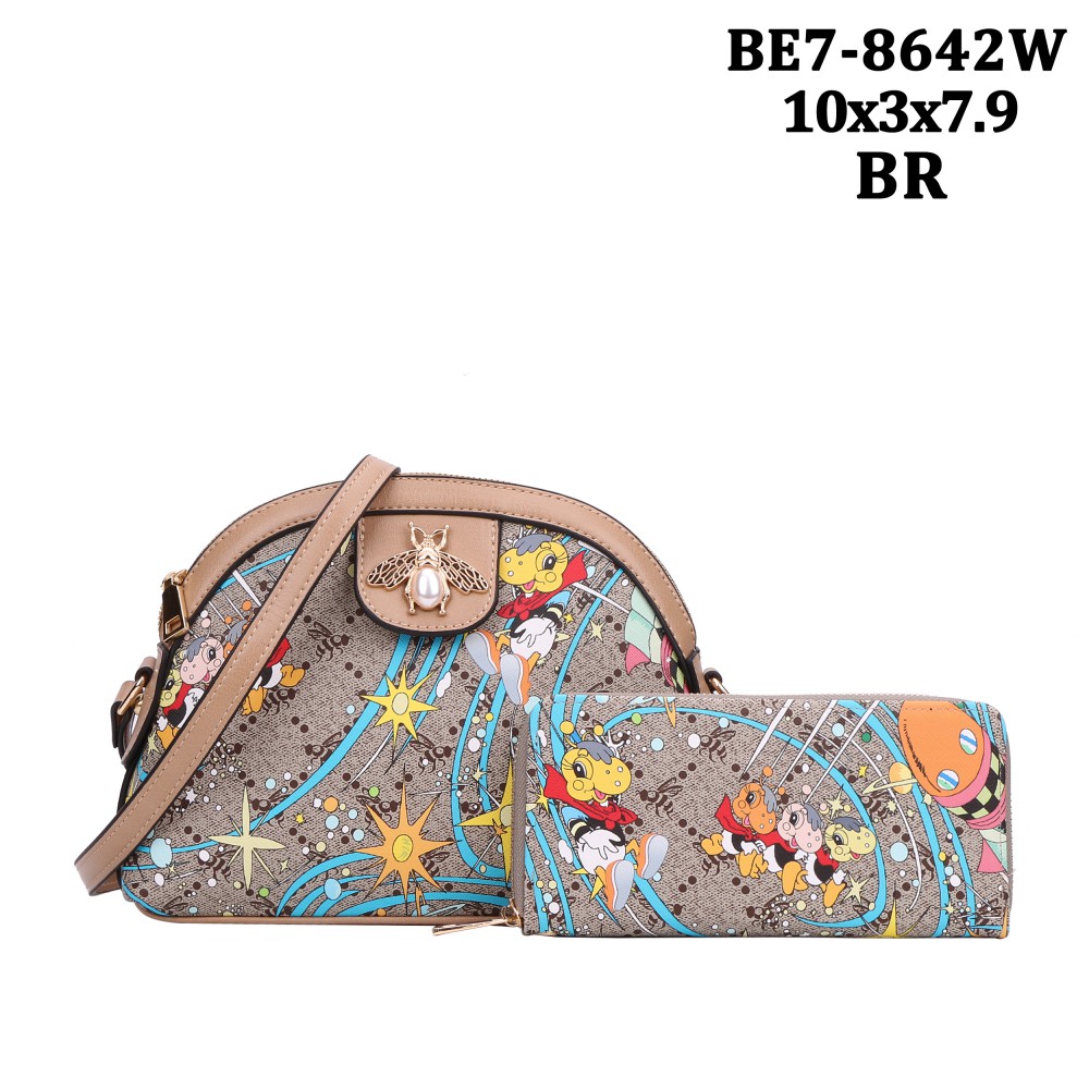 Brown 2 IN 1 Colorful Print Cross body Bag Set - BE7-8642W - Click Image to Close