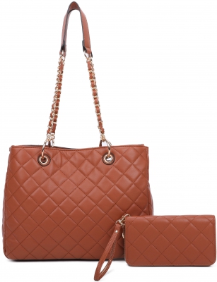 BROWN 2IN1 STYLISH QUILTED LONG HANDLE TOTE BAG WITH MATCHING PO
