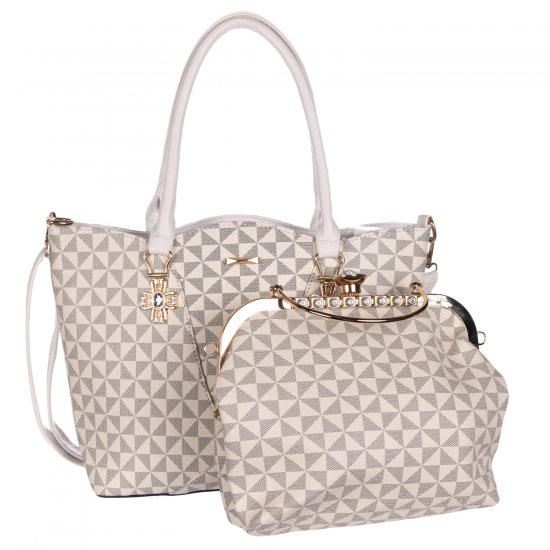White 2 IN 1 Signature Inspired Fashion Handbag - F373 - Click Image to Close