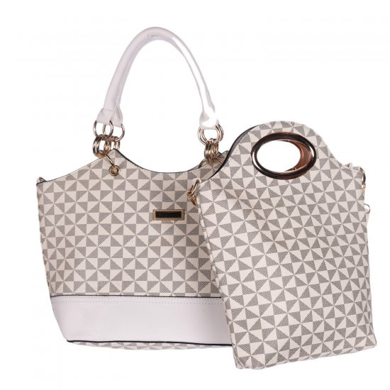 White 2 IN 1 Signature Inspired Fashion Handbag Set - F886 - Click Image to Close