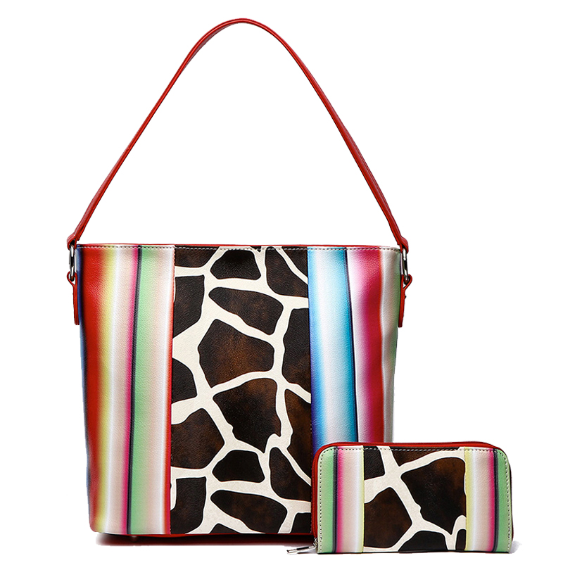 Red 2 IN 1 Giraffe Multi-Striped Tote Handbag Set - SERA 5435G - Click Image to Close